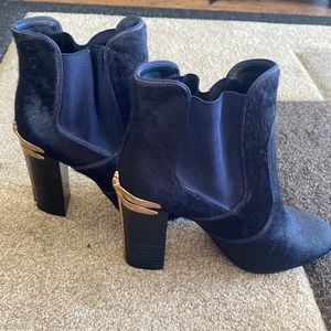 Tory Burch Mohair Navy Boot Heels with Gold Dragon Fly Detail